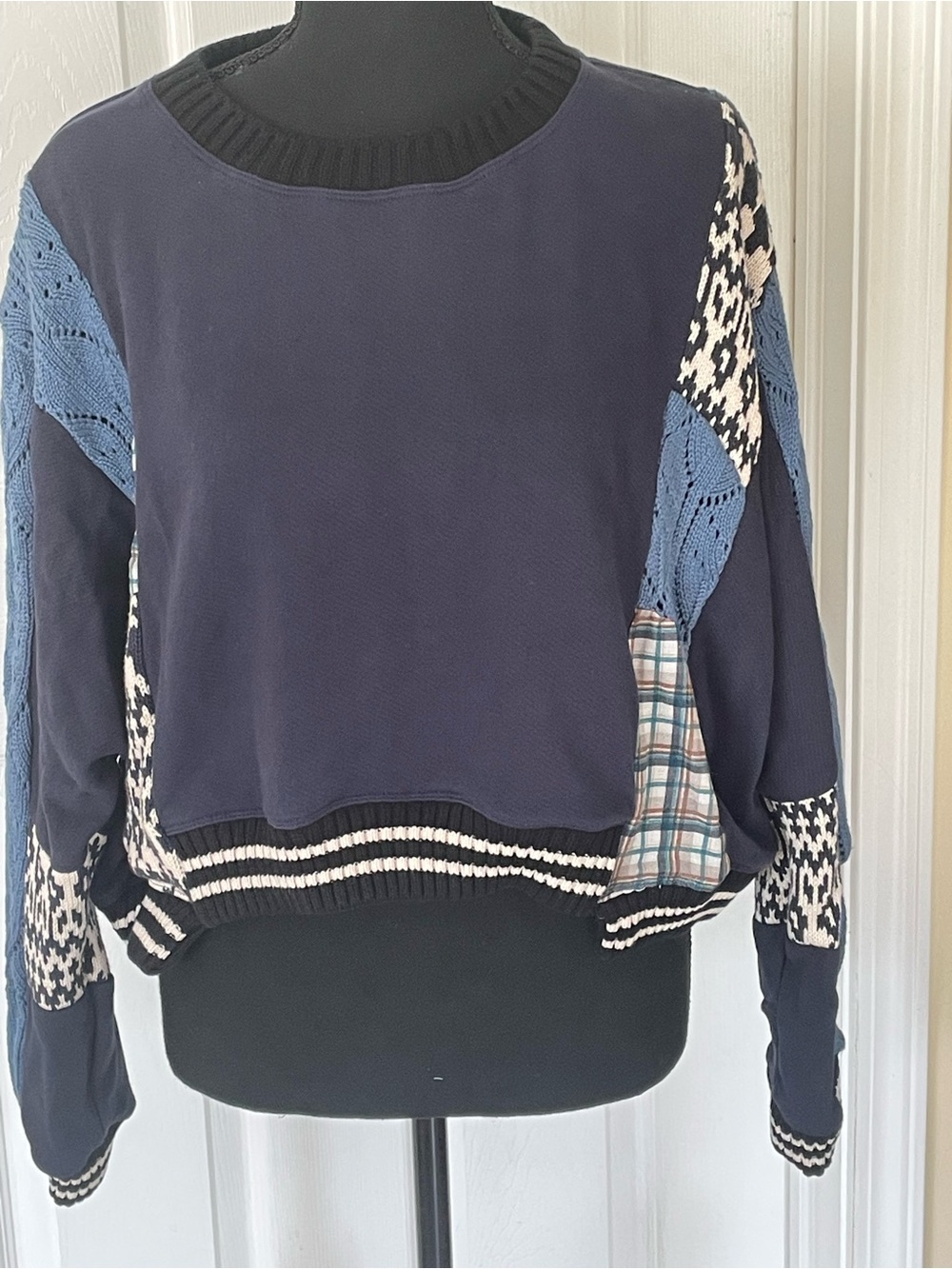 Anthropologie Navy Patchwork Knit sweatshirt Sweater - Casual Pullover